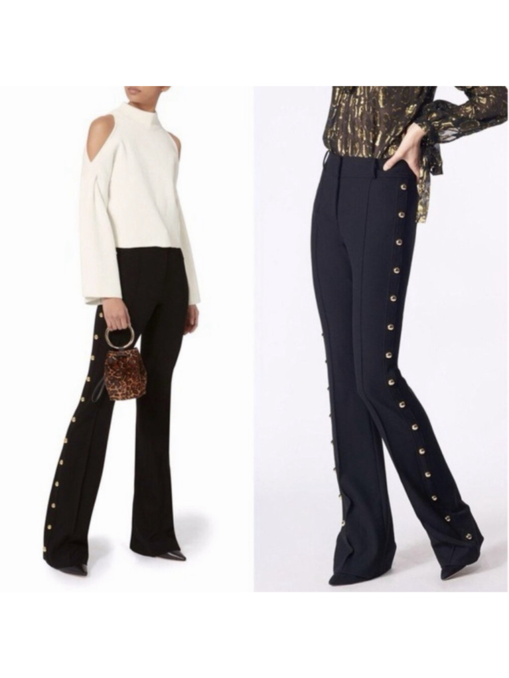 Veronica Beard $495 Lennox Flare Trousers 4 Black Seamed Gold Studded Mid Rise